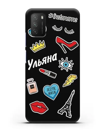 Именной чехол со стикерами Корона, помада, красные туфли силиконовый для Xiaomi Poco M3