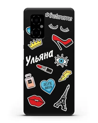 Именной чехол со стикерами Корона, помада, красные туфли силиконовый для Xiaomi Poco M4 5G