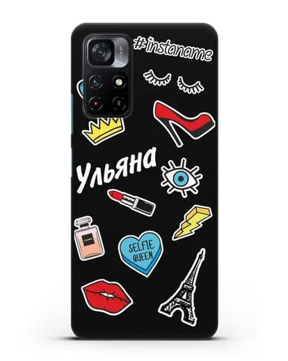 Именной чехол со стикерами Корона, помада, красные туфли силиконовый для Xiaomi Poco M4 Pro 5G