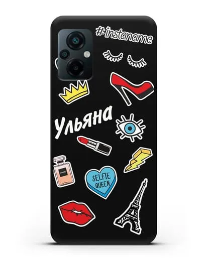 Именной чехол со стикерами Корона, помада, красные туфли силиконовый для Xiaomi Poco M5