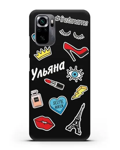 Именной чехол со стикерами Корона, помада, красные туфли силиконовый для Xiaomi Poco M5s