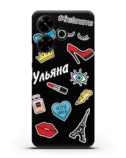 Именной чехол со стикерами Корона, помада, красные туфли силиконовый для Xiaomi Poco M6