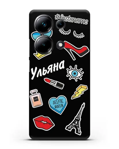 Именной чехол со стикерами Корона, помада, красные туфли силиконовый для Xiaomi Poco M6 Pro