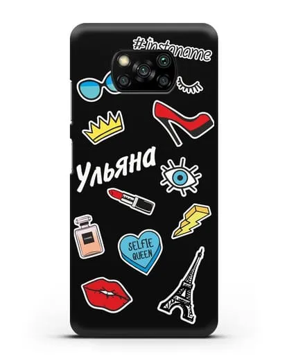 Именной чехол со стикерами Корона, помада, красные туфли силиконовый для Xiaomi Poco X3 Pro