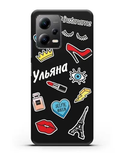Именной чехол со стикерами Корона, помада, красные туфли силиконовый для Xiaomi Poco X5