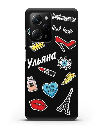 Именной чехол со стикерами Корона, помада, красные туфли силиконовый для Xiaomi Poco X5 Pro