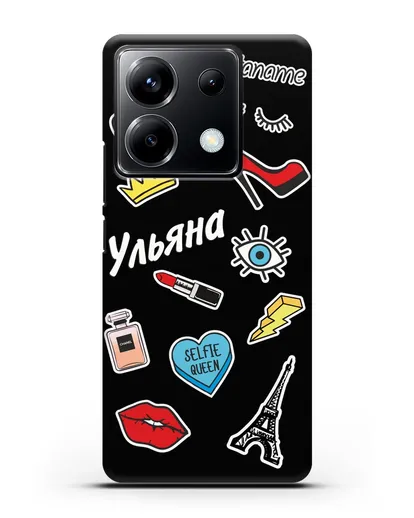 Именной чехол со стикерами Корона, помада, красные туфли силиконовый для Xiaomi Poco X6