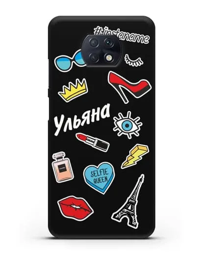Именной чехол со стикерами Корона, помада, красные туфли силиконовый для Xiaomi Redmi Note 9T