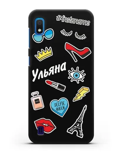 Именной чехол со стикерами Корона, помада, красные туфли силиконовый для Samsung Galaxy A10 [SM-A105F]