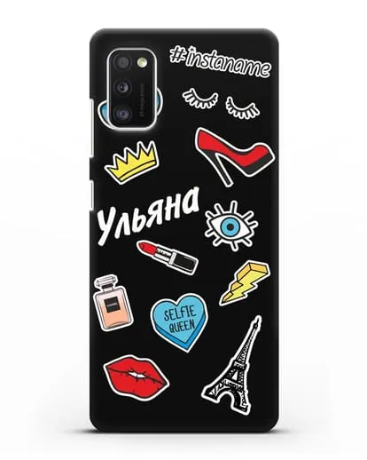 Именной чехол со стикерами Корона, помада, красные туфли силиконовый для Samsung Galaxy A41 [SM-A415F]