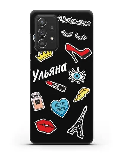 Именной чехол со стикерами Корона, помада, красные туфли силиконовый для Samsung Galaxy A53