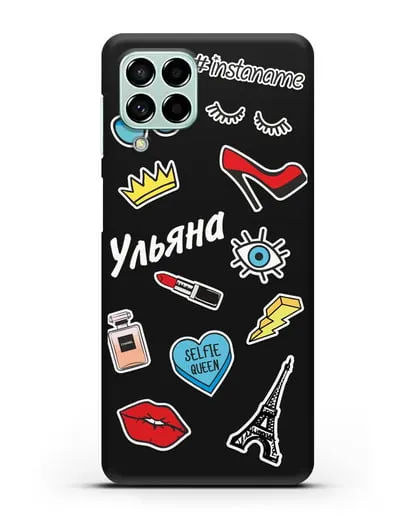 Именной чехол со стикерами Корона, помада, красные туфли силиконовый для Samsung Galaxy M53 [SM-M536]