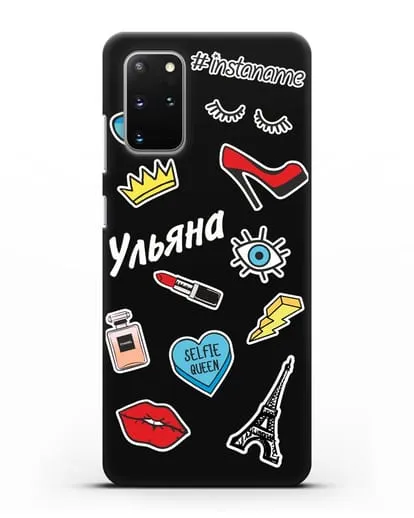 Именной чехол со стикерами Корона, помада, красные туфли силиконовый для Samsung Galaxy S20 Plus [SM-G985F]