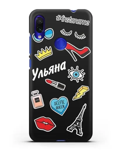 Именной чехол со стикерами Корона, помада, красные туфли силиконовый для Xiaomi Redmi Note 7