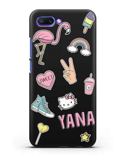 Именной чехол со стикерами Розовый фламинго, радуга, смузи силиконовый для Honor 10