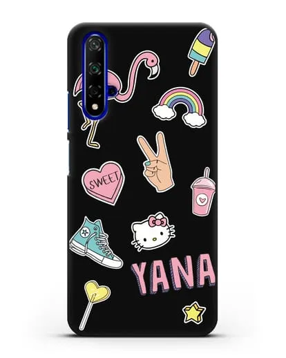 Именной чехол со стикерами Розовый фламинго, радуга, смузи силиконовый для Honor 20