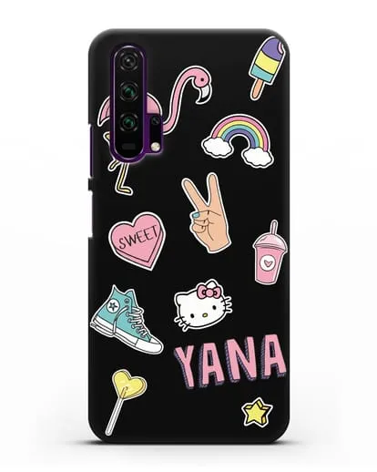 Именной чехол со стикерами Розовый фламинго, радуга, смузи силиконовый для Honor 20 Pro