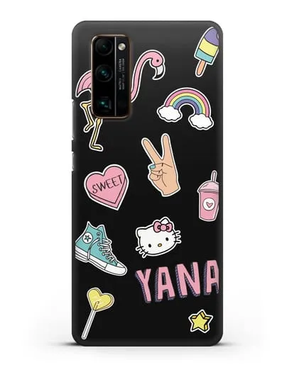 Именной чехол со стикерами Розовый фламинго, радуга, смузи силиконовый для Honor 30 Pro Plus