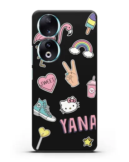 Именной чехол со стикерами Розовый фламинго, радуга, смузи силиконовый для Honor 90