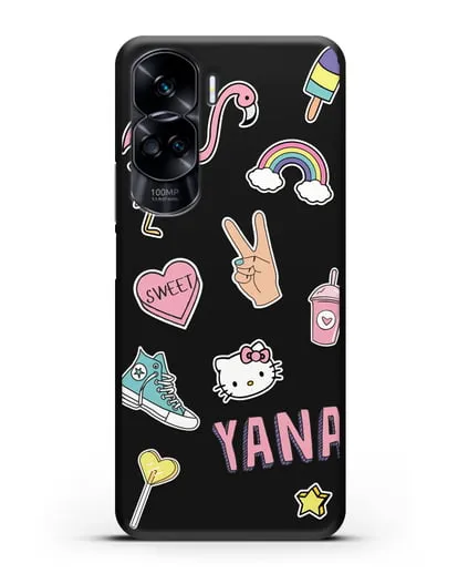 Именной чехол со стикерами Розовый фламинго, радуга, смузи силиконовый для Honor 90 Lite