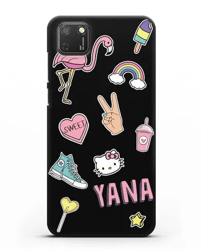 Именной чехол со стикерами Розовый фламинго, радуга, смузи силиконовый для Honor 9S