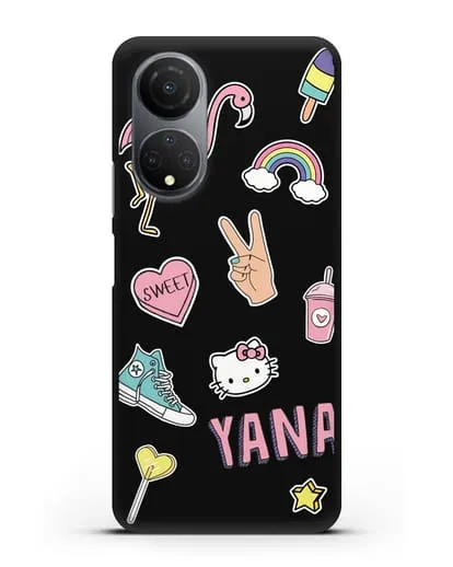 Именной чехол со стикерами Розовый фламинго, радуга, смузи силиконовый для Honor X7