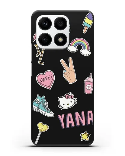 Именной чехол со стикерами Розовый фламинго, радуга, смузи силиконовый для Honor X8a