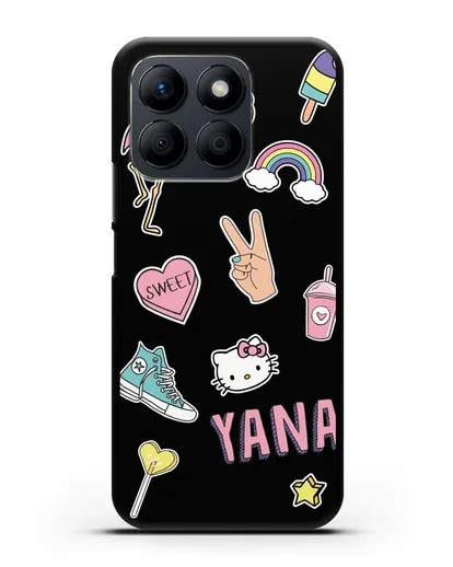 Именной чехол со стикерами Розовый фламинго, радуга, смузи силиконовый для Honor X8b