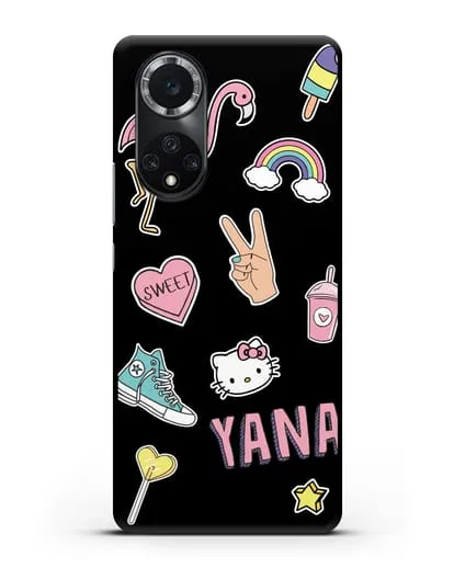 Именной чехол со стикерами Розовый фламинго, радуга, смузи силиконовый для Huawei Nova 9