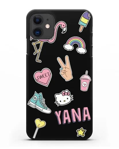 Именной чехол со стикерами Розовый фламинго, радуга, смузи силиконовый для iPhone 11