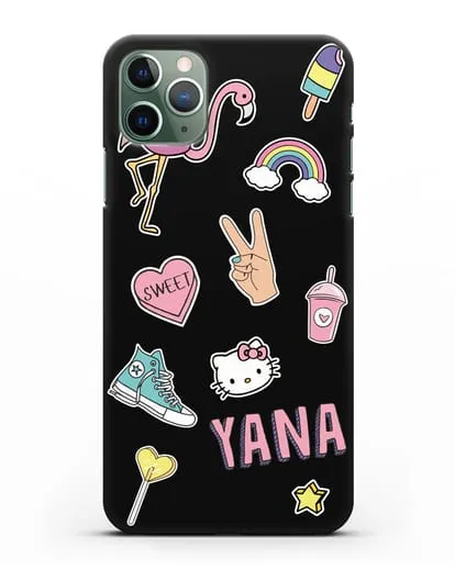 Именной чехол со стикерами Розовый фламинго, радуга, смузи силиконовый для iPhone 11 Pro Max