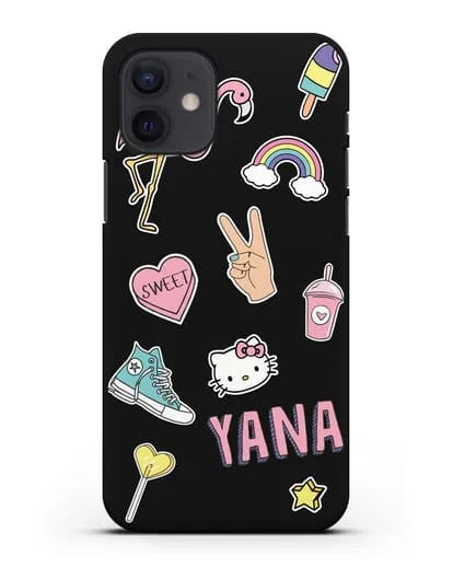 Именной чехол со стикерами Розовый фламинго, радуга, смузи силиконовый для iPhone 12