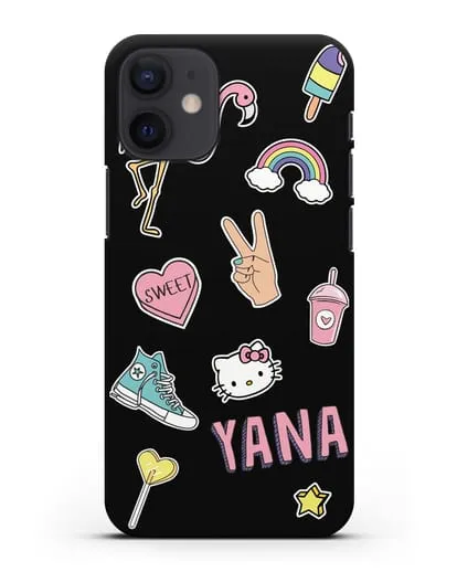 Именной чехол со стикерами Розовый фламинго, радуга, смузи силиконовый для iPhone 12 mini