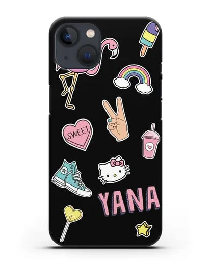 Именной чехол со стикерами Розовый фламинго, радуга, смузи силиконовый для iPhone 13