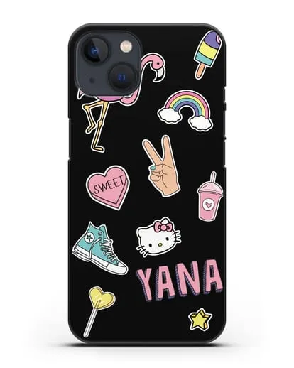 Именной чехол со стикерами Розовый фламинго, радуга, смузи силиконовый для iPhone 13 Mini