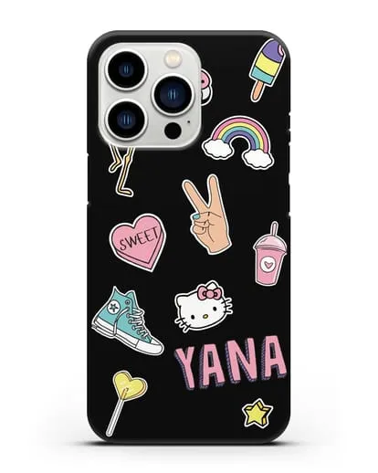 Именной чехол со стикерами Розовый фламинго, радуга, смузи силиконовый для iPhone 13 Pro