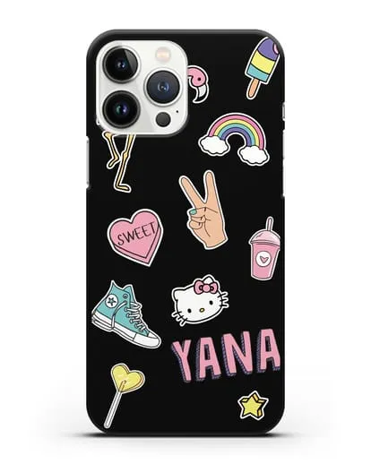 Именной чехол со стикерами Розовый фламинго, радуга, смузи силиконовый для iPhone 13 Pro Max