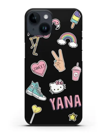 Именной чехол со стикерами Розовый фламинго, радуга, смузи силиконовый для iPhone 14