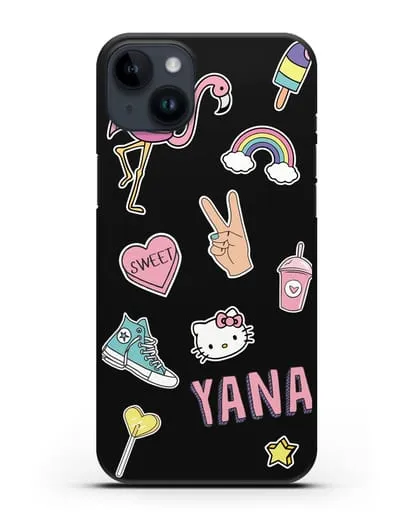 Именной чехол со стикерами Розовый фламинго, радуга, смузи силиконовый для iPhone 14 Plus