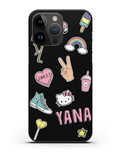 Именной чехол со стикерами Розовый фламинго, радуга, смузи силиконовый для iPhone 14 Pro Max