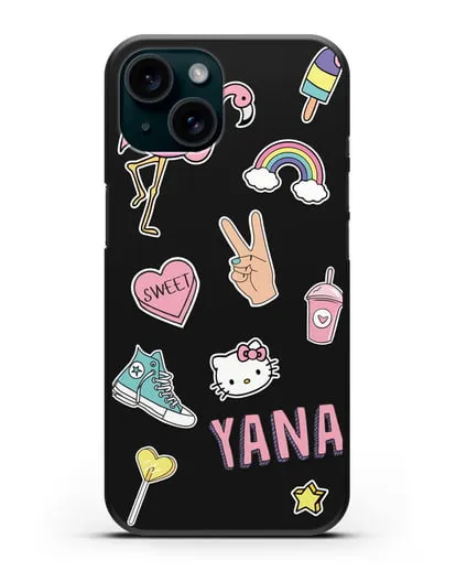 Именной чехол со стикерами Розовый фламинго, радуга, смузи силиконовый для iPhone 15