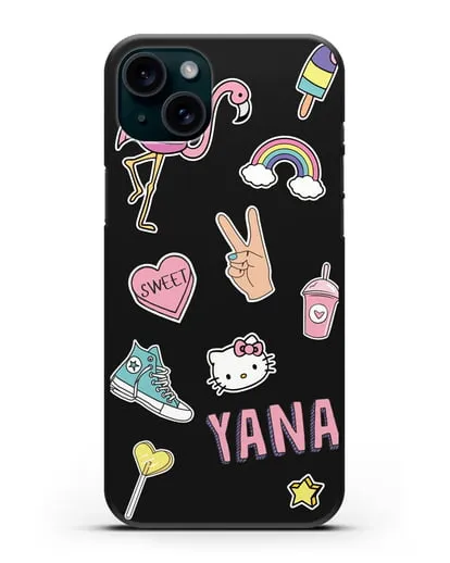 Именной чехол со стикерами Розовый фламинго, радуга, смузи силиконовый для iPhone 15 Plus