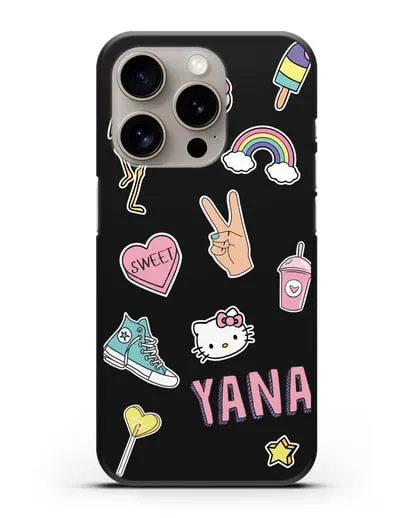 Именной чехол со стикерами Розовый фламинго, радуга, смузи силиконовый для iPhone 15 Pro