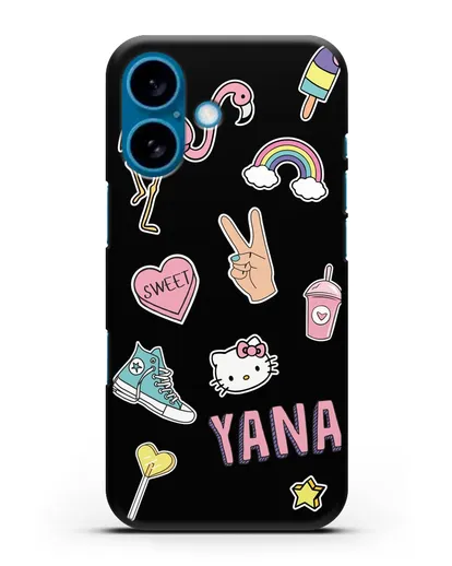 Именной чехол со стикерами Розовый фламинго, радуга, смузи силиконовый для iPhone 16