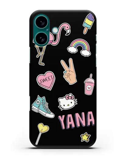 Именной чехол со стикерами Розовый фламинго, радуга, смузи силиконовый для iPhone 16 Plus