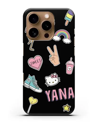 Именной чехол со стикерами Розовый фламинго, радуга, смузи силиконовый для iPhone 16 Pro