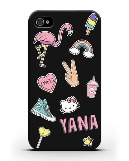 Именной чехол со стикерами Розовый фламинго, радуга, смузи силиконовый для iPhone 4/4s