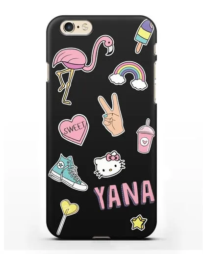 Именной чехол со стикерами Розовый фламинго, радуга, смузи силиконовый для iPhone 6