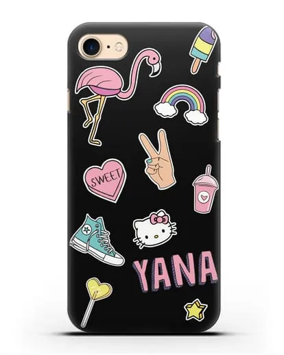 Именной чехол со стикерами Розовый фламинго, радуга, смузи силиконовый для iPhone 8