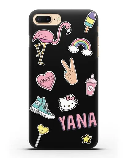 Именной чехол со стикерами Розовый фламинго, радуга, смузи силиконовый для iPhone 7 Plus